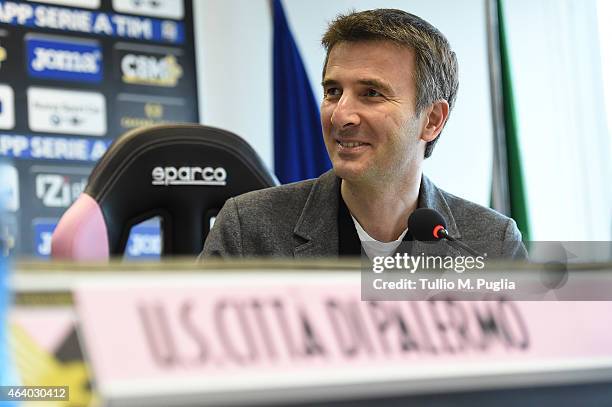Valentino Picone answers questions during a US Citta di Palermo press conference at stadio Renzo Barbera on February 21, 2015 in Palermo, Italy.