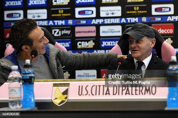 Salvo Ficarra and Giuseppe Iachini answer questions during a US Citta di Palermo press conference at stadio Renzo Barbera on February 21, 2015 in...