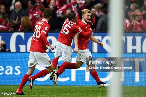 Johannes Geis of 1. FSV Mainz 05 celebrates as he scores the second goal during the Bundesliga match between 1. FSV Mainz 05 and Eintracht Frankfurt...