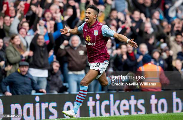 Scott Sinclair of Aston Villa celebrates his goal for Aston Villa during the Barclays Premier League match between Aston Villa and Stoke City at...