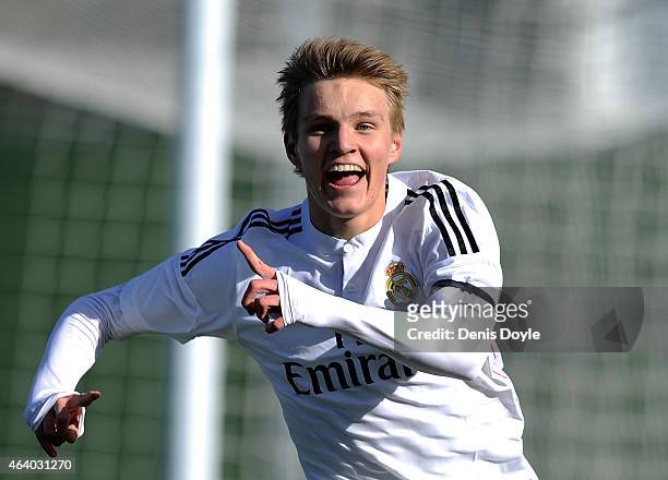 Martin Odegaard of Real Madrid Castilla celebrates after scoring his team's opening goal during the Segunda Division B match between Real Madrid...