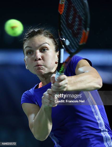 Simona Halep of Romania in action against Karolina Pliskova of the Czech Republic during their women's final match of the WTA Dubai Duty Free Tennis...