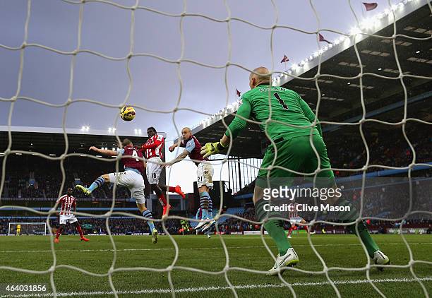 Mame Biram Diouf of Stoke City scores their first goal past Brad Guzan of Aston Villa during the Barclays Premier League match between Aston Villa...