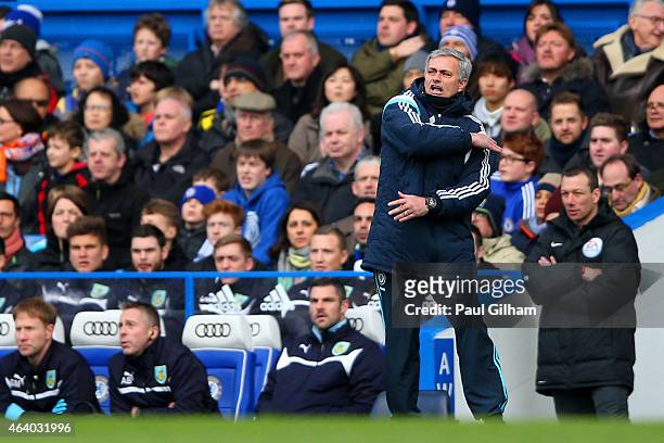 Jose Mourinho the manager of Chelsea gestures during the Barclays Premier League match between Chelsea and Burnley at Stamford Bridge on February 21,...