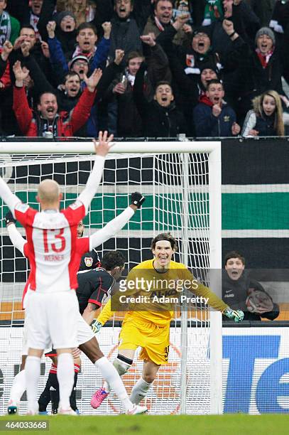 Marwin Hitz Goalkeeper of Augsburg celebrates after scoring a goal during the Bundesliga match between FC Augsburg and Bayer 04 Leverkusen at SGL...