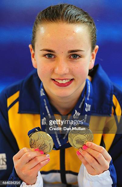 Lois Toulson of City of Leeds Diving Club poses with her Gold Medals after winning the Womens Platform Final during Day Two of the British Gas Diving...