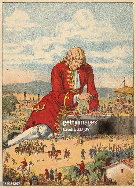 gulliver's travels: gulliver in lilliput, lithograph, published in 1882 - jonathan swift stock illustrations