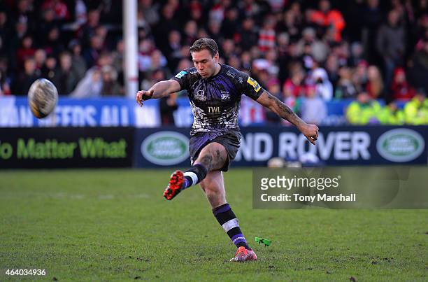 Will Robinson of London Welsh kicks a conversion during the Aviva Premiership match between Gloucester Rugby and London Welsh at Kingsholm Stadium on...