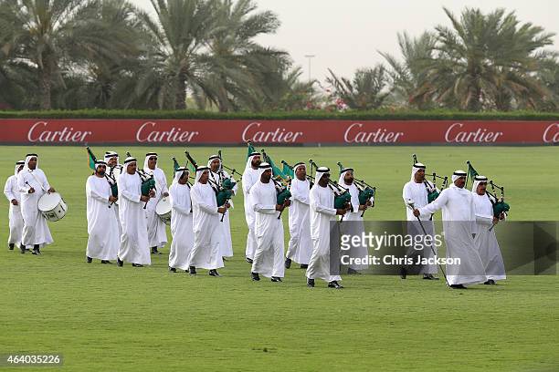 The UAE bagpipes on the final day of the Cartier International Dubai Polo Challenge 10th edition at Desert Palm Hotel on February 21, 2015 in Dubai,...