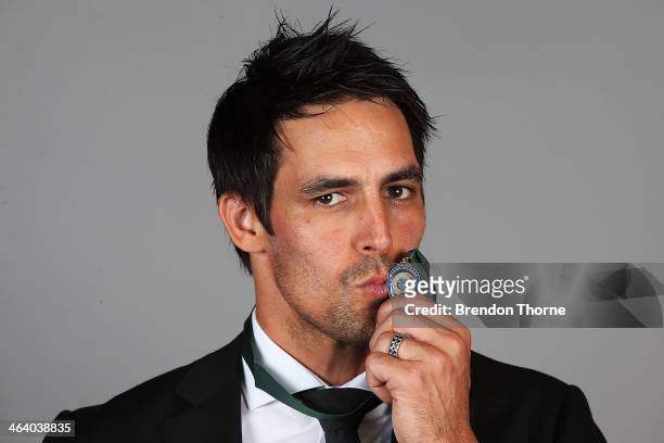 Mitchell Johnson of Australia poses after winning the Allan Border Medal following the 2014 Allan Border Medal at Doltone House on January 20, 2014...