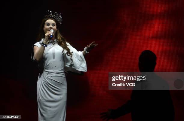 Sarah Brightman performs on stage during her concert at the Great Hall of the People on January 19, 2014 in Beijing, China.