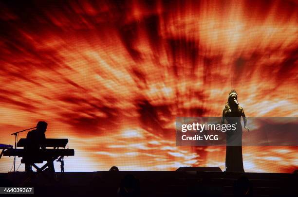 Sarah Brightman performs on stage during her concert at the Great Hall of the People on January 19, 2014 in Beijing, China.