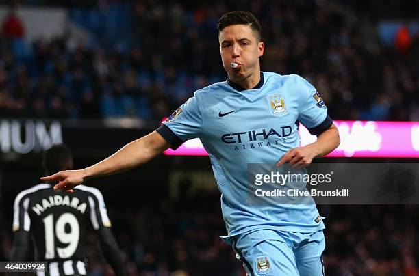 Samir Nasri of Manchester City celebrates scoring their second goal during the Barclays Premier League match between Manchester City and Newcastle...