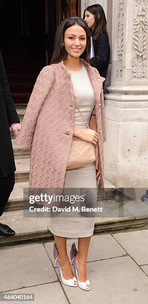 Michelle Keegan arrives at the Julien Macdonald show during London Fashion Week Fall/Winter 2015/16 at British Foreign and Commonwealth Office on...