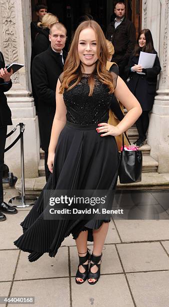 Tanya Burr arrives at the Julien Macdonald show during London Fashion Week Fall/Winter 2015/16 at British Foreign and Commonwealth Office on February...