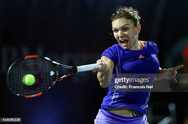 Simona Halep of Romania reacts in action against Karolina Pliskova of the Czech Republic during their women's final match of the WTA Dubai Duty Free...