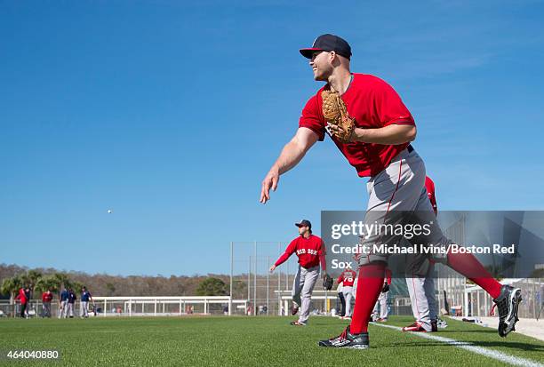 Justin Masterson of the Boston Red Sox throws during a Spring Training workout at Fenway South on February 21, 2015 in Fort Myers, Florida.