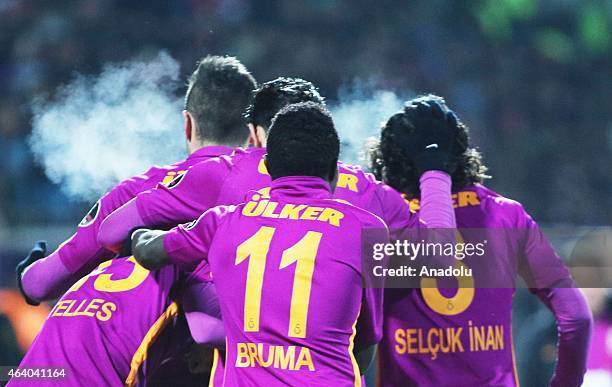 Alex Telles , Bruma and Selcuk Inan of Galatasaray celebrate a goal during the Turkish Spor Toto Super League football match between Sivasspor and...