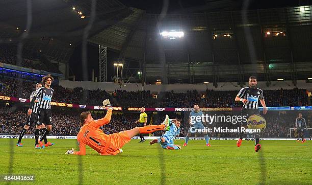 David Silva of Manchester City scores their fourth goal past Tim Krul of Newcastle United during the Barclays Premier League match between Manchester...