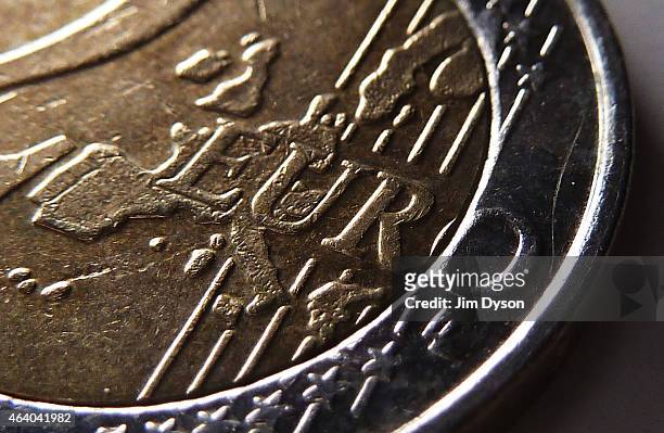 This photo illustration shows a detail of a Two Euro coin, on February 20, 2014 in London, United Kingdom. The euro is the currency of the Eurozone,...