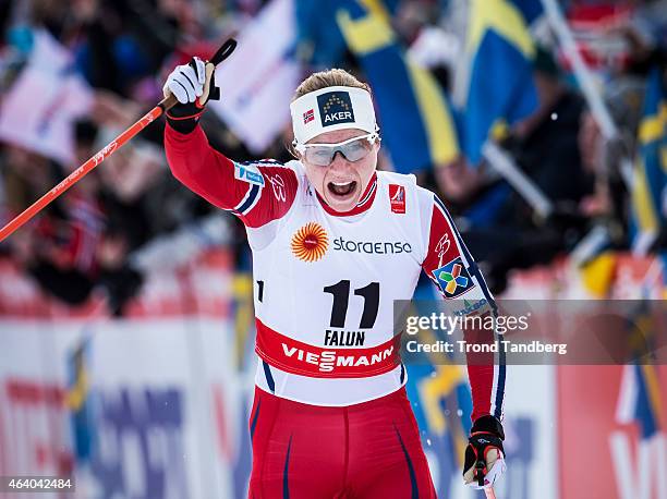 Astrid Uhrenholdt Jacobsen of Norway celebrates winning the silver medal at the Ladies Skiathlon 7.5 Classic + 7,5 km Free during the World...