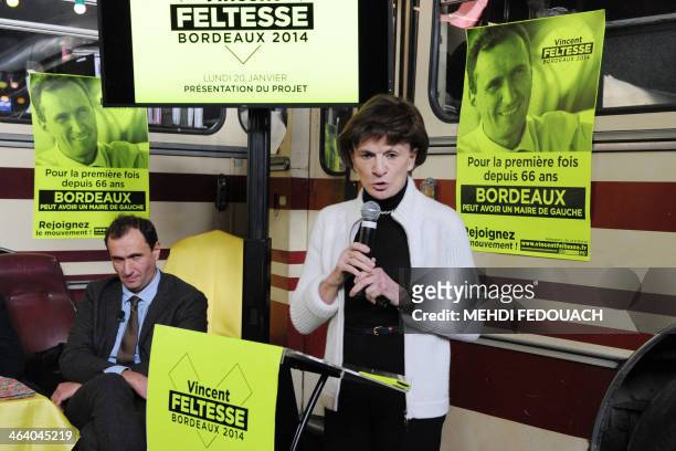 French Junior Minister for the Elderly Michele Delaunay delivers a speech during the presentation of French socialist party mayoral candidate Vincent...