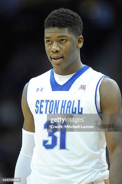 Angel Delgado of the Seton Hall Pirates looks on during a college basketball game against the Georgetown Hoyas at the Prudential Center on February...