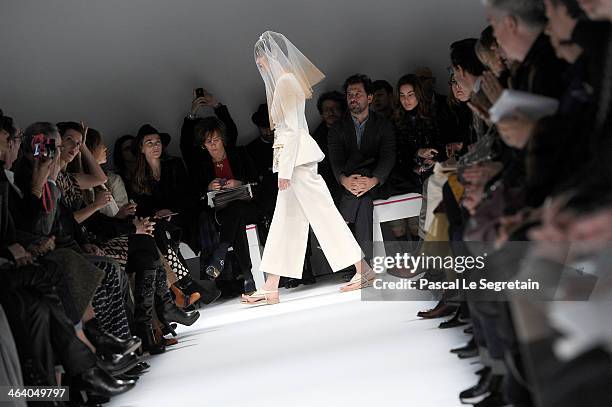 Model walks the runway during the Schiaparelli show as part of Paris Fashion Week Haute Couture Spring/Summer 2014 on January 20, 2014 in Paris,...