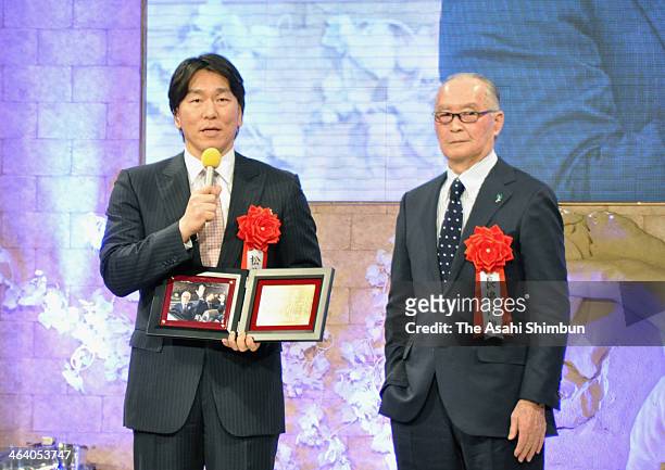 Hideki Matsui and Shigeo Nagashima receive the TV Asahi Big Sports Lifetime Achievement Award at Tokyo Prince Park Tower on January 17, 2014 in...