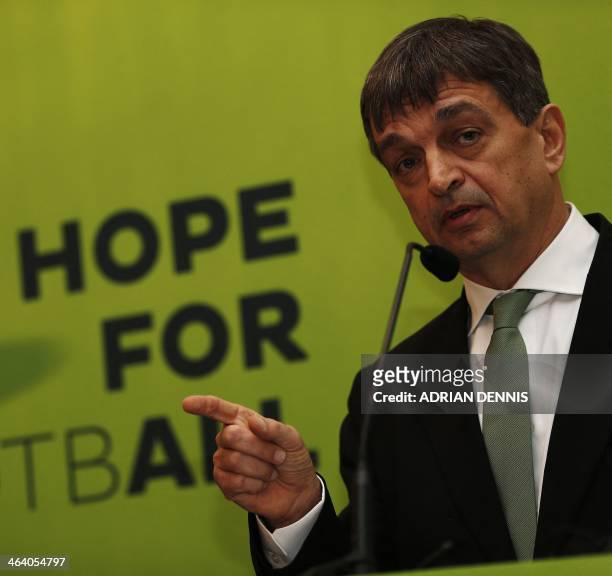 Former FIFA deputy general secretary Jerome Champagne speaks during the Hope for Football press conference in London on January 20, 2014. Former FIFA...