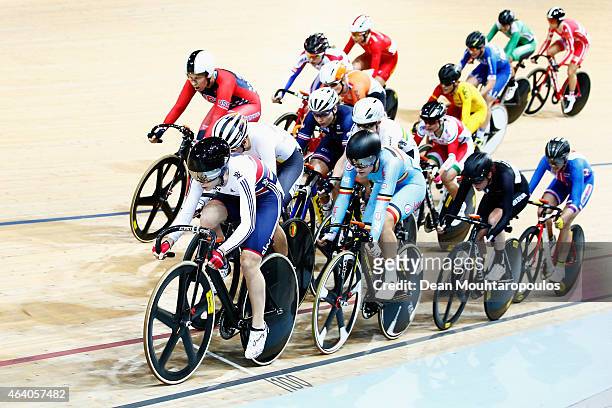 Laura Trott of the Great Britain Cycling Team leads and goes on to win the Women's Omnium Elimination Race during day 4 of the UCI Track Cycling...