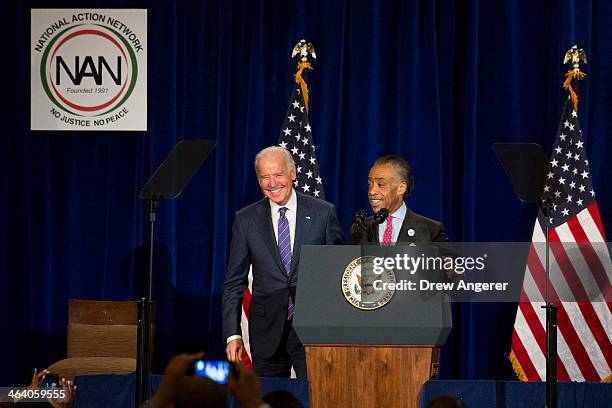 Rev. Al Sharpton introduces U.S. Vice President Joe Biden before speaking during the National Action Network's annual King Day Breakfast, at The...