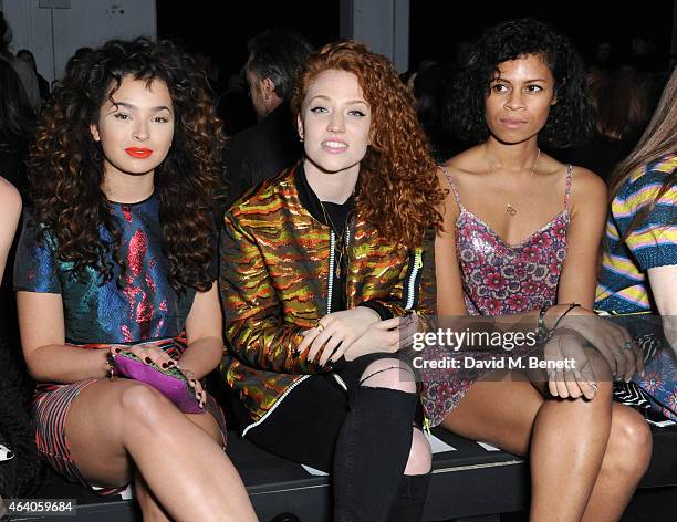 Ella Eyre, Jess Glynne and Aluna Francis attend the House of Holland show during London Fashion Week Fall/Winter 2015/16 at University of Westminster...