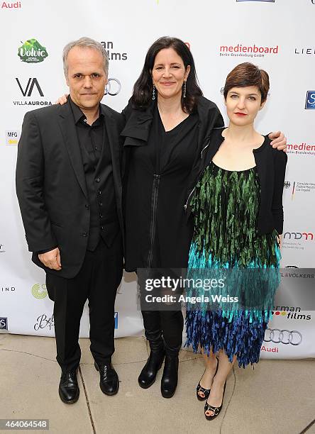 Producer Dirk Wilutzky, director Laura Poitras and producer Mathilde Bonnefoy attend the German Films and the Consulate General of the Federal...