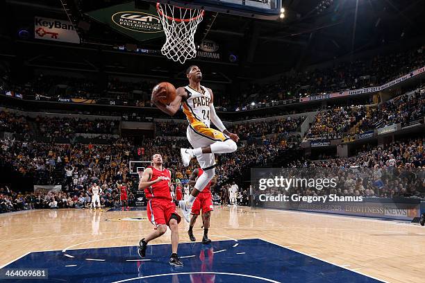 Paul George of the Indiana Pacers throws down the 360-dunk against the Los Angeles Clippers at Bankers Life Fieldhouse on January 18, 2014 in...