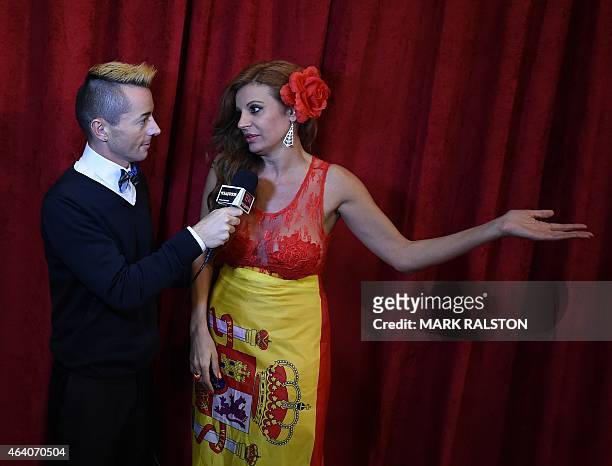 Spanish actress Sonia Monroy is interviewed on the red carpet area outside the Dolby Theatre as preparations are underway for the 87th annual Academy...