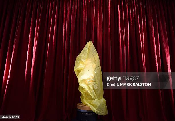 Oscar statue waits to be unveiled on the red carpet area outside the Dolby Theatre as preparations are underway for the 87th annual Academy Awards in...