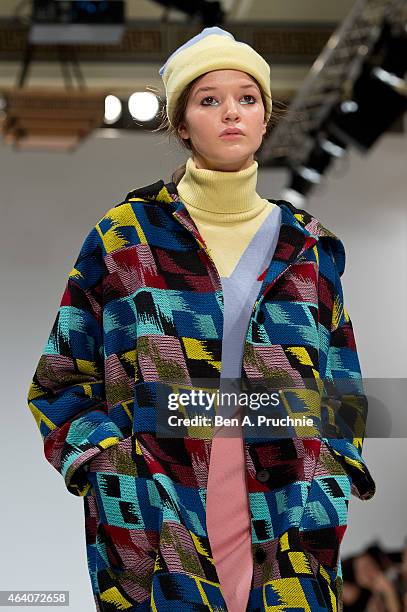 Model walks the runway in designs by Minju Kim at the Ones To Watch show during London Fashion Week Fall/Winter 2015/16 at Fashion Scout Venue on...