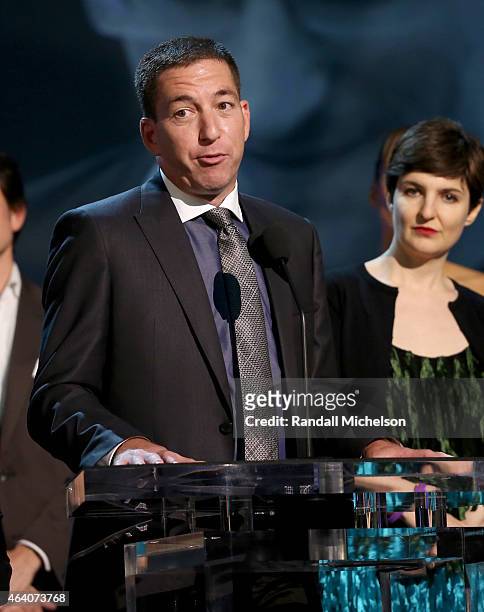 Journalist Glenn Greenwald speaks onstage during the 2015 Film Independent Spirit Awards at Santa Monica Beach on February 21, 2015 in Santa Monica,...