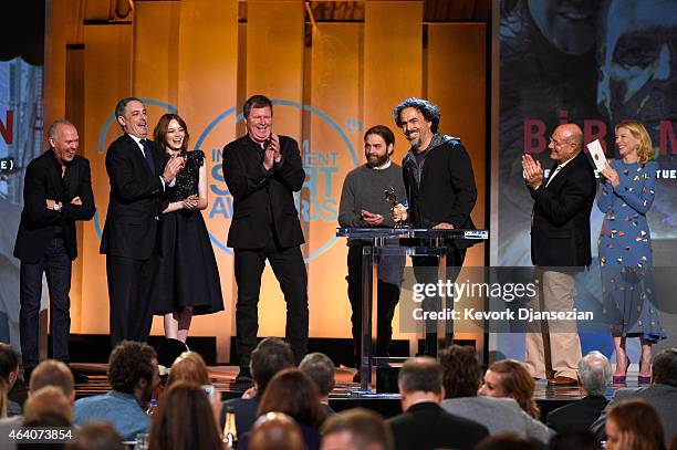 Director Alejandro Gonzalez Inarritu accepts Best Feature for 'Birdman' onstage with actors Michael Keaton, Emma Stone and Zach Galifianakis and...