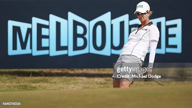 Karrie Webb of Australia reacts after a putt on the first hole during day four of the LPGA Australian Open at Royal Melbourne Golf Course on February...