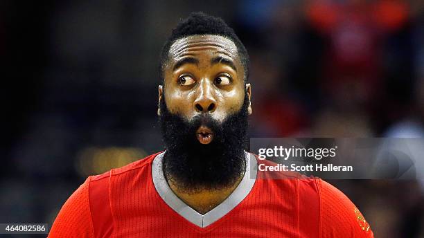 James Harden of the Houston Rockets celebrates after a basket during their game against the Toronto Raptors at the Toyota Center on February 21, 2015...