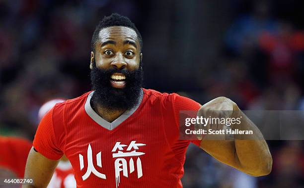 James Harden of the Houston Rockets celebrates after a basket during their game against the Toronto Raptors at the Toyota Center on February 21, 2015...