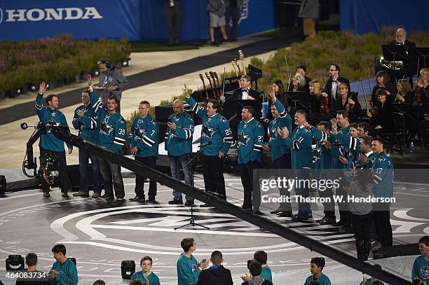 San Jose Sharks alumni are honored pregame against the Los Angeles Kings at Levi's Stadium on February 21, 2015 in Santa Clara, California.