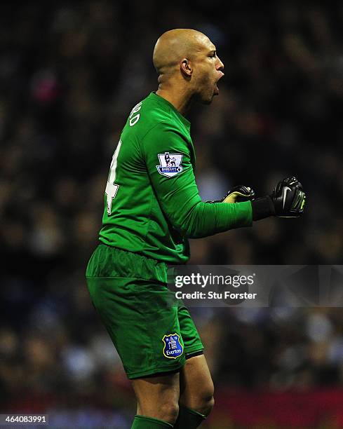 Tim Howard of Everton celebrates the opening goal during the Barclays premier league match between West Bromwich Albion and Everton at The Hawthorns...