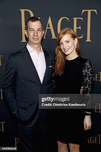 Of Piaget S.A., Philippe Leopold-Metzger and actress Jessica Chastain attend the 30th Annual Film Independent Spirit Awards at Santa Monica Beach on...