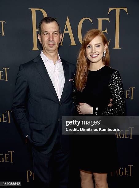 Of Piaget S.A., Philippe Leopold-Metzger and actress Jessica Chastain attend the 30th Annual Film Independent Spirit Awards at Santa Monica Beach on...