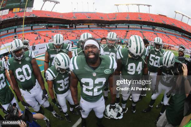 Safety Ed Reed of the New York Jets fires up his teammates against the Miaim Dolphins at Sun Life Stadium on December 29, 2013 in Miami Gardens,...