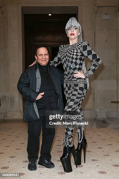 Lady Gaga poses with designer Azzedine Alaia at the Galliera Museum on January 20, 2014 in Paris, France.