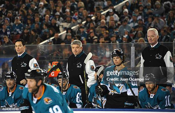 Assistant Coach Jay Woodcroft,, head coach Todd McLellan and Associate Coach and Director of Player Development Larry Robinson of the San Jose Sharks...